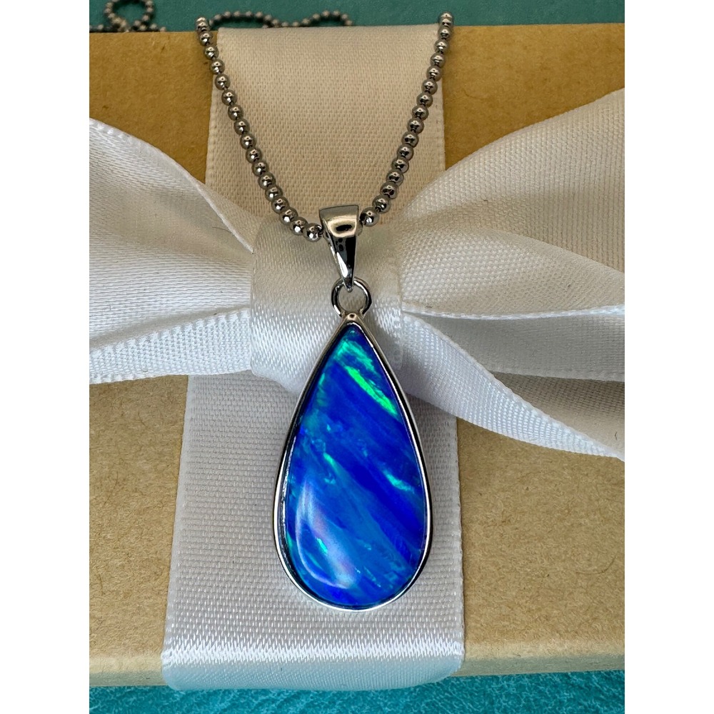 Aloha Sterling Silver Blue Lab Opal Triplet Teardrop Pendant Necklace
